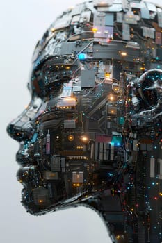 An artistic blend of urban design and engineering, a double exposure featuring a robots head against a city backdrop. A fusion of art, machine, and metal, creating a futuristic fashion accessory