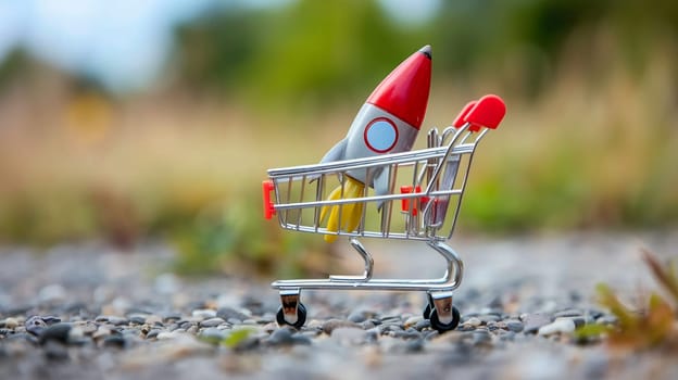 Creative concept of speed in consumerism depicted by miniature rocket in shopping cart on a pebble path.