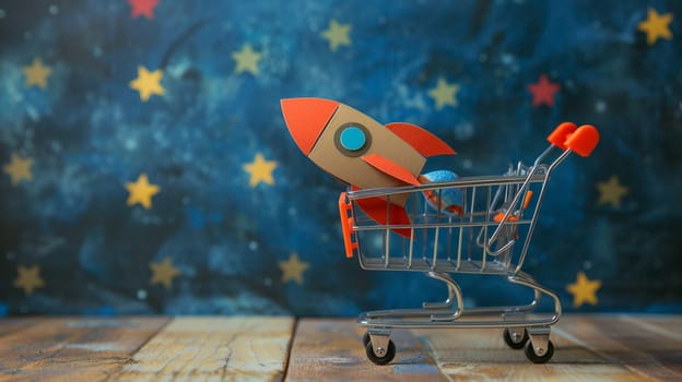 Conceptual image of rocket ship in shopping cart symbolizes speed, power, and imaginative shopping on starry background.