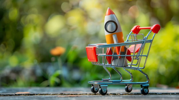 Conceptual image of miniature rocket in shopping cart outdoors. Represents fast shopping service, quick delivery, and innovative retail marketing strategies.