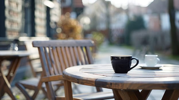 Morning light shines on wooden table with coffee cups in a serene outdoor caf√© setting. Concept of relaxation, leisure, and coffee culture.