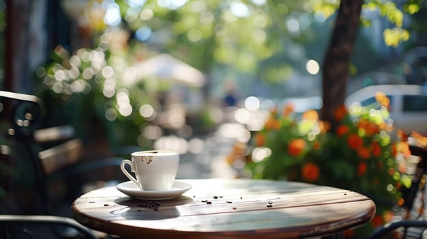 Sunlit outdoor cafe scene featuring morning coffee cup on wooden table amidst blurred greenery backdrop, invoking relaxing ambiance.