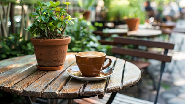 Freshly brewed cappuccino on rustic table amidst greenery at sunny outdoor cafe. Concept of leisure, relaxation and espresso culture.
