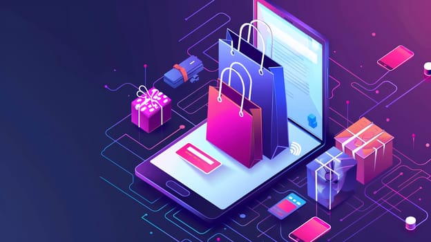 Dynamic illustration showcasing the convenience of online shopping and digital payments, highlighting the futuristic shopping experience with 3D graphics.