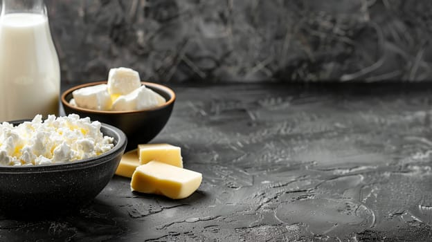 Assortment of fresh dairy products, including milk, butter, cottage cheese, and sour cream, displayed on dark background.