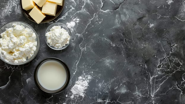 Assortment of dairy products including milk, butter, cottage cheese, sour cream on a dark marble background, ideal for healthy diets.