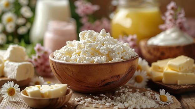 Set of fresh dairy products on rustic wooden table. Milk, sour cream, cottage cheese, and butter showcased with flowers in bright setting.