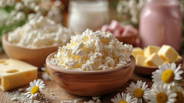 Variety of dairy products including cottage cheese, sour cream, milk, and butter surrounded by rustic wooden setting with chamomiles