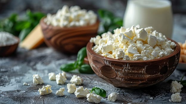 High-quality dairy products, including fresh cottage cheese in a wooden bowl, milk, and butter, displayed with basil leaves on rustic table.