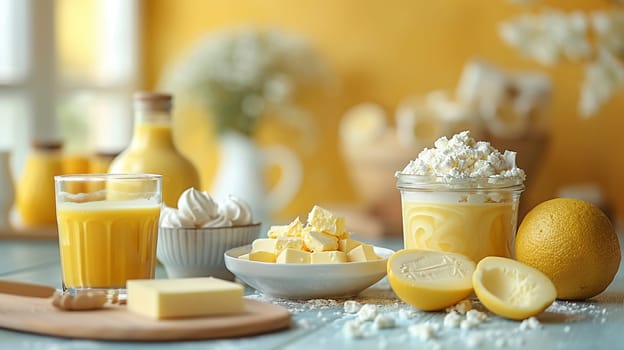 Variety of fresh dairy products including milk, butter, cottage cheese, sour cream, presented on a bright kitchen setting with a splash of yellow color.