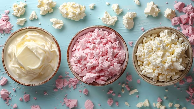 Top view of dairy products including milk, butter, cottage cheese, and sour cream on a bright blue background, symbolizing freshness and quality food ingredients.