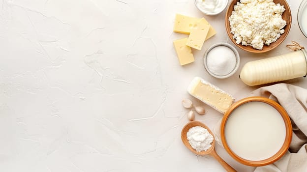 Top view of dairy products arrangement including milk, butter, cottage cheese, and sour cream on bright background. Healthy food concept with natural dairy ingredients.