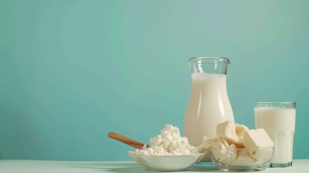 Dairy assortment with milk, butter, cottage cheese, and sour cream on colorful backdrop. Concept of healthy, nutritious diet and dairy freshness.