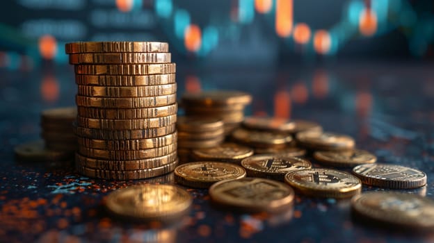 Close-up of stacked golden coins with a defocused stock market graph in the background symbolizing investment, growth, and finance.