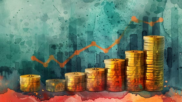 Illustration showing golden coins stacked in increasing height with an upward trending chart, symbolizing financial growth and investment success.