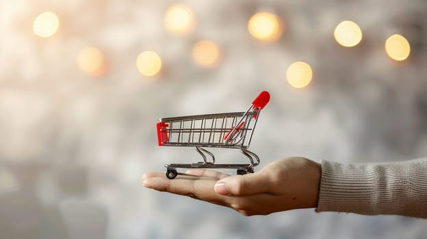 Close-up of a person's hand elegantly holding a small shopping cart with blurred background, symbolizing consumerism, retail, and purchase power.