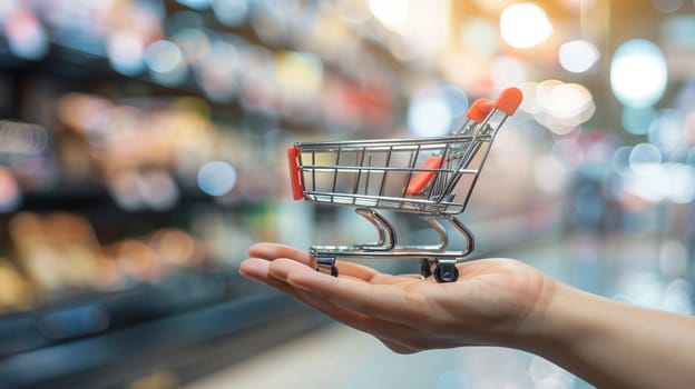 Conceptual image of hand holding small shopping cart with defocused supermarket aisle backdrop, symbolizing retail and consumerism.