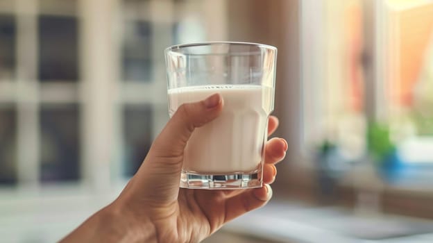 A detailed close-up capturing a hand presenting fresh milk in a clear glass, with a softly blurred background suggesting a cozy home environment.