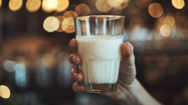 Close-up of a hand holding a clear glass full of fresh milk, with a blurred background emphasizing focus on the subject.