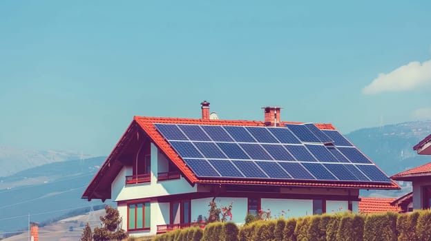 Eco-friendly modern house with solar panels on rooftop against blue sky, showcasing renewable energy and sustainable living concepts.