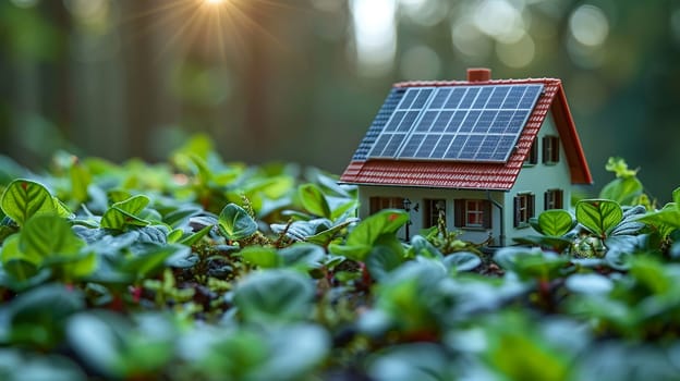 Conceptual image of a sustainable home with solar panels on roof surrounded by lush greenery, symbolizing eco-friendly living and renewable energy integration.