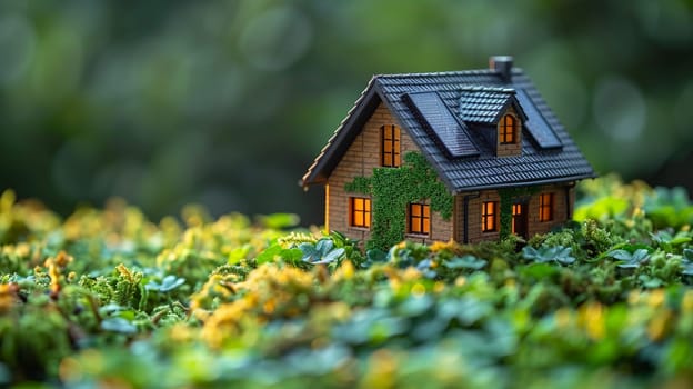 Model home featuring solar panels amidst lush greenery symbolizing renewable energy and sustainable living in a natural environment.