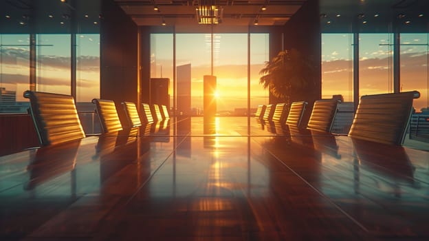 Modern and sleek corporate meeting room awaits business problem-solving as the sunset creates a warm, inviting atmosphere.