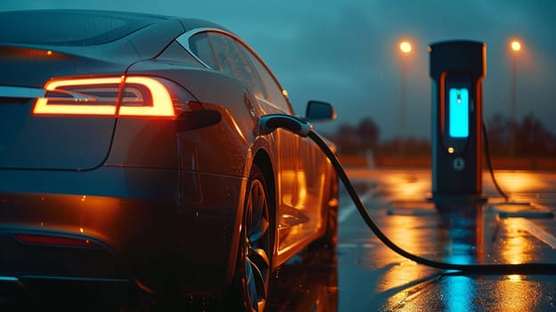 Modern electric car at a charging station on rainy night with illuminated headlights and reflective wet surface.