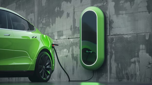 Sustainable transportation concept with green electric car plugged into an EV charging station featuring futuristic design against urban wall.