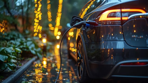 Sustainable transportation concept with electric vehicle charging at illuminated station on city street during rainy twilight. Eco-friendly travel and technology innovation.