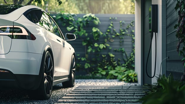 Modern electric car plugged into EV charging station at residential driveway. Clean energy transportation concept with sustainable lifestyle and green technology.