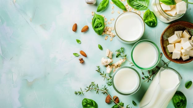 Overhead view of dairy assortment with milk, cheese, and almonds on bright turquoise background with copy space for text.