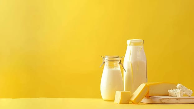 Collection of dairy goods including cheese, milk, and yogurt positioned against a bold yellow backdrop, plenty of room for text.