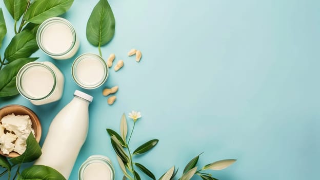 Variety of dairy products including milk, cheese, and yogurt displayed beautifully against a vibrant blue backdrop, symbolizing freshness, health, and diet.