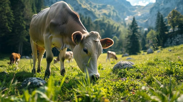 Cattle leisurely grazing on vibrant green Alpine grassland under clear blue sky with distant mountains creating serene scenery of nature and livestock