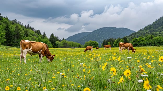 Idyllic scene of cows grazing on green alpine pasture dotted with yellow wildflowers. Peaceful mountain backdrop under cloudy sky conveying serenity and natural beauty.