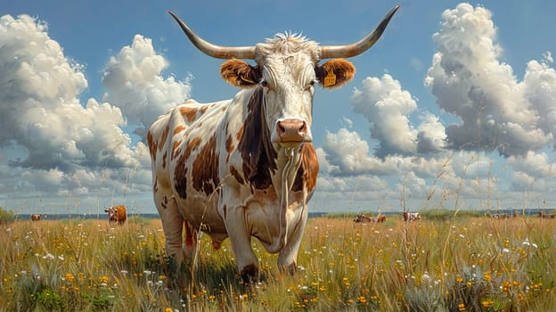 Idyllic rural scene with cows grazing in lush green meadow, blue sky and fluffy clouds overhead, conveying tranquility and natural beauty.