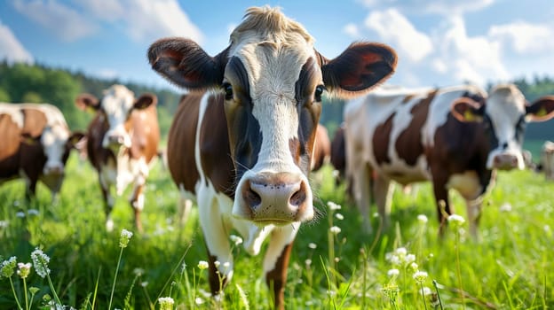 Herd of cows enjoying fresh grass in a sunny meadow, showcasing dairy farming, agriculture, and rural life under blue skies.