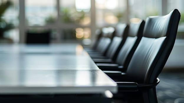 Stylish corporate meeting space with rows of comfortable black chairs facing modern table in high-end office interior. Concept of business, professionalism, and corporate environment.