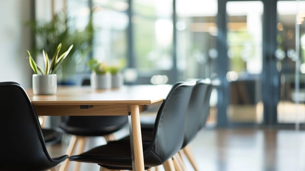 Empty conference room in contemporary office with stylish black chairs surrounding a wooden table set against large windows