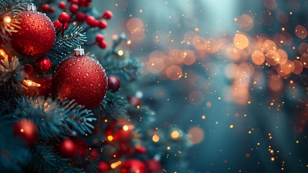 Close-up of red Christmas balls adorned with droplets and berries on fir tree branches, with sparkling bokeh lights in background creating a warm holiday atmosphere.