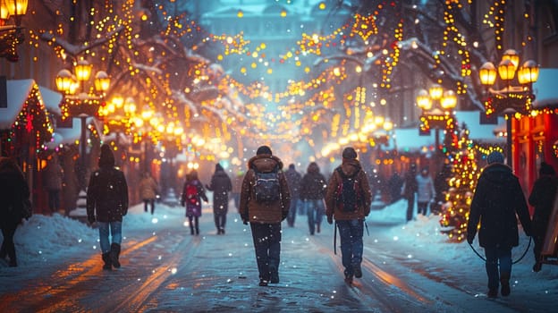 Winter scene of pedestrians strolling down snow-covered street illuminated by Christmas decorations and lights, capturing holiday spirit and urban celebration. Generative AI