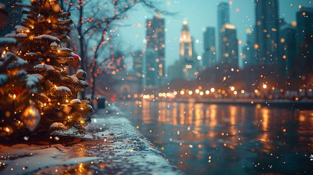 Illuminated Christmas tree standing in fresh snow with sparkling city lights and tall buildings in background, creating a warm festive atmosphere during wintry evening.