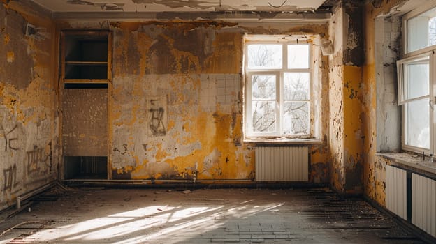 Illuminated view of an old, dilapidated apartment with peeling paint and visible decay under natural sunlight through windows.