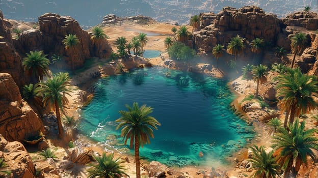 Serene oasis surrounded by palm trees, located in vast desert under clear blue sky. Concept of tranquility, nature, and hidden gems.