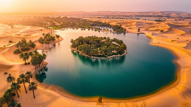 Breathtaking view of serene water amidst a desert oasis lined with lush palm trees against golden sand dunes at sunset.
