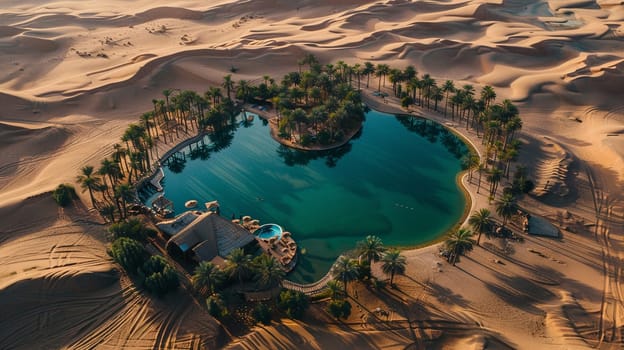 Aerial view of serene desert oasis with vibrant palm trees encircling a calm lake in sandy landscape, symbolizing tranquility and nature's beauty in desolate surroundings.