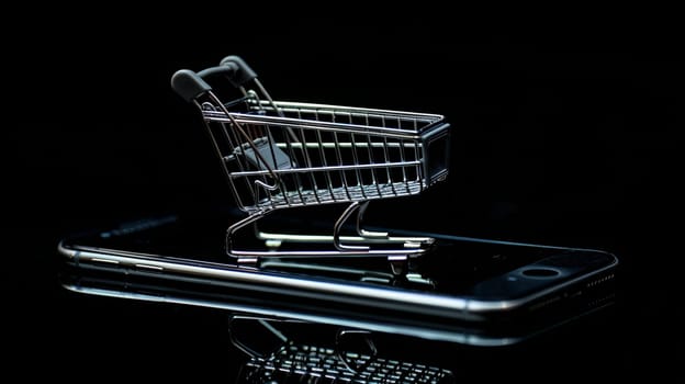 E-commerce idea represented by miniature cart atop phone, symbolizing online shopping, digital purchase and modern consumerism.