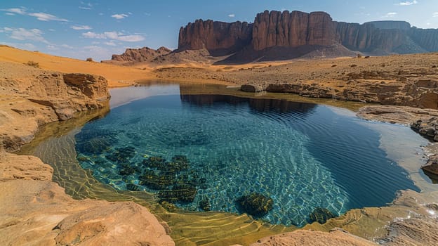 Stunning view of a tranquil oasis in desert, featuring clear blue water surrounded by majestic sandstone cliffs under a bright sky.