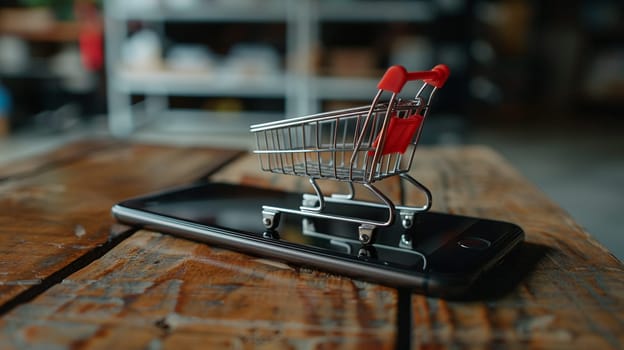 Conceptual image showing small shopping cart on mobile phone, symbolizing convenience and technology in modern commerce and online shopping trends.